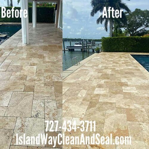 Waterfront travertine paver pool deck In Treasure Island Pinellas County Sealed 5 years ago repeat customer